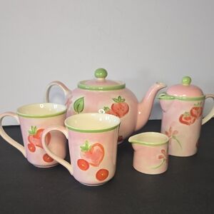 April Cornell Pink Strawberry Floral 7 Piece Ceramic Tea Set